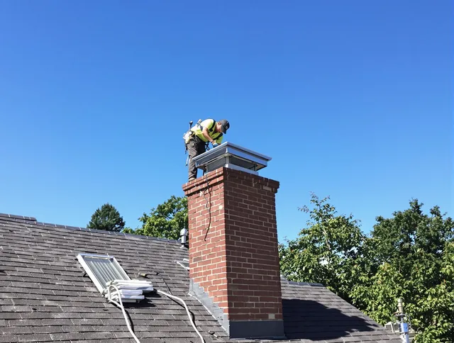 Central Falls Chimney Sweep technician measuring a chimney cap in Central Falls, RI