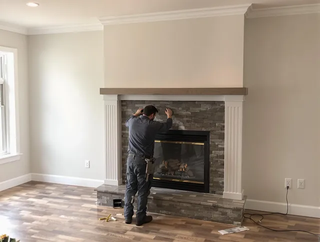 Central Falls Chimney Sweep finishing a custom fireplace install in Central Falls, RI